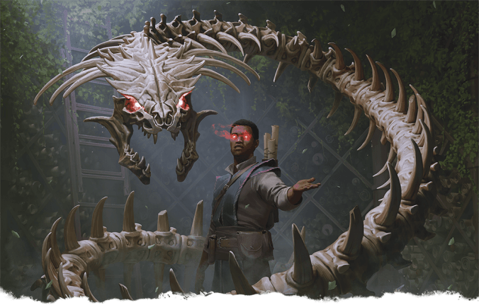 A giant, skeletal, snakelike creature coiled up above a mysterious spellcaster.