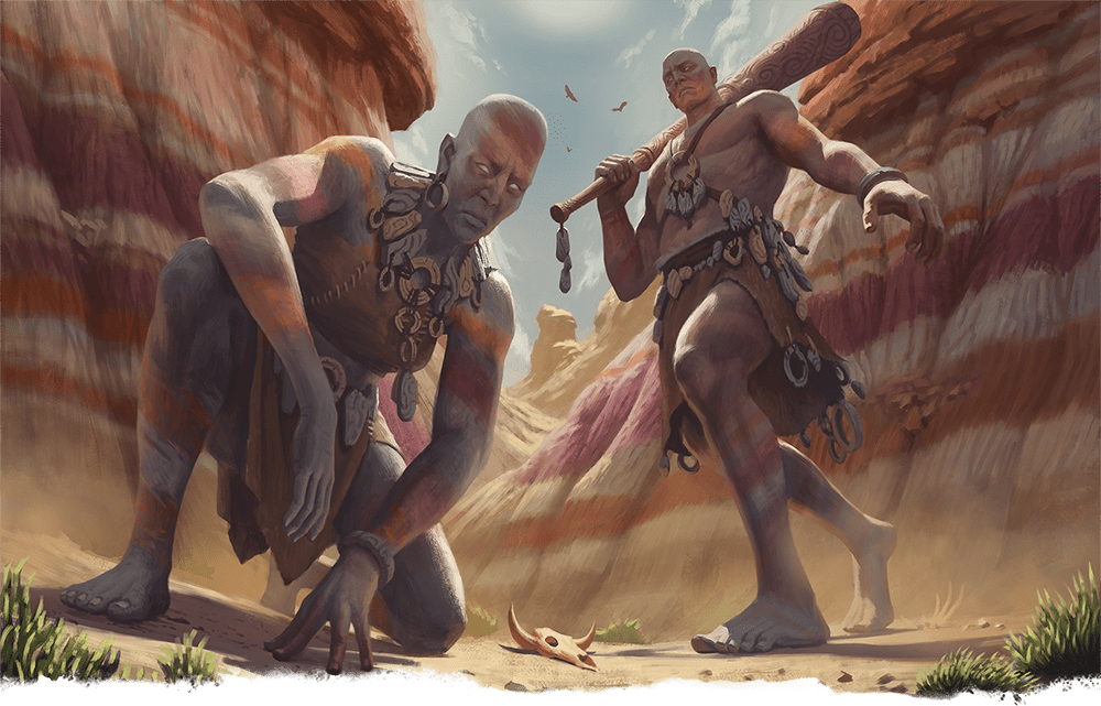 Stone Giants with carved skin and massive clubs in a rocky canyon landscape