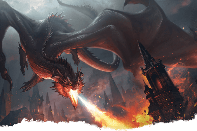 An illustration of a Red Dragon, breathing fire from the sky on the spires of a fantasy city.